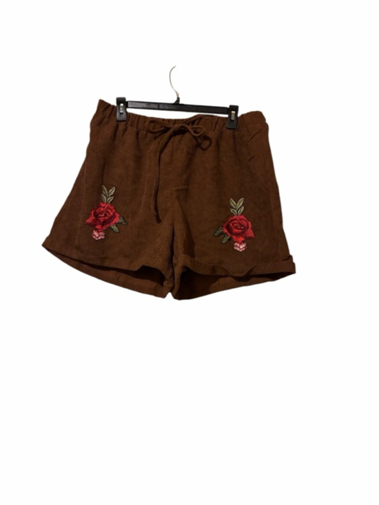 SHEIN Pants - SHEIN Plus Brown Corduroy Shorts with Red Rose Embroidery 1X